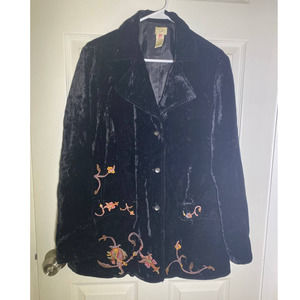 J. Jill Embroidered Velvet Coat Womens  Black Floral Button Front Lined size S